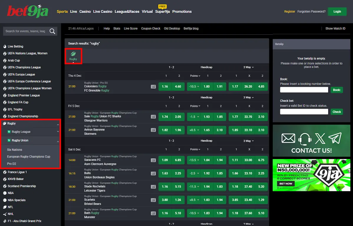 Bet9ja Rugby Betting Screenshot